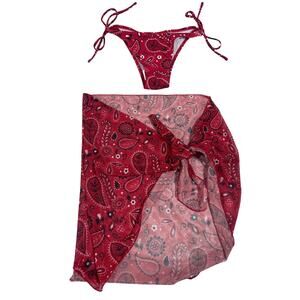 Shein Bandana Print Bikini Bottom With Sarong XS/S Paisley Red Beachwear Pool